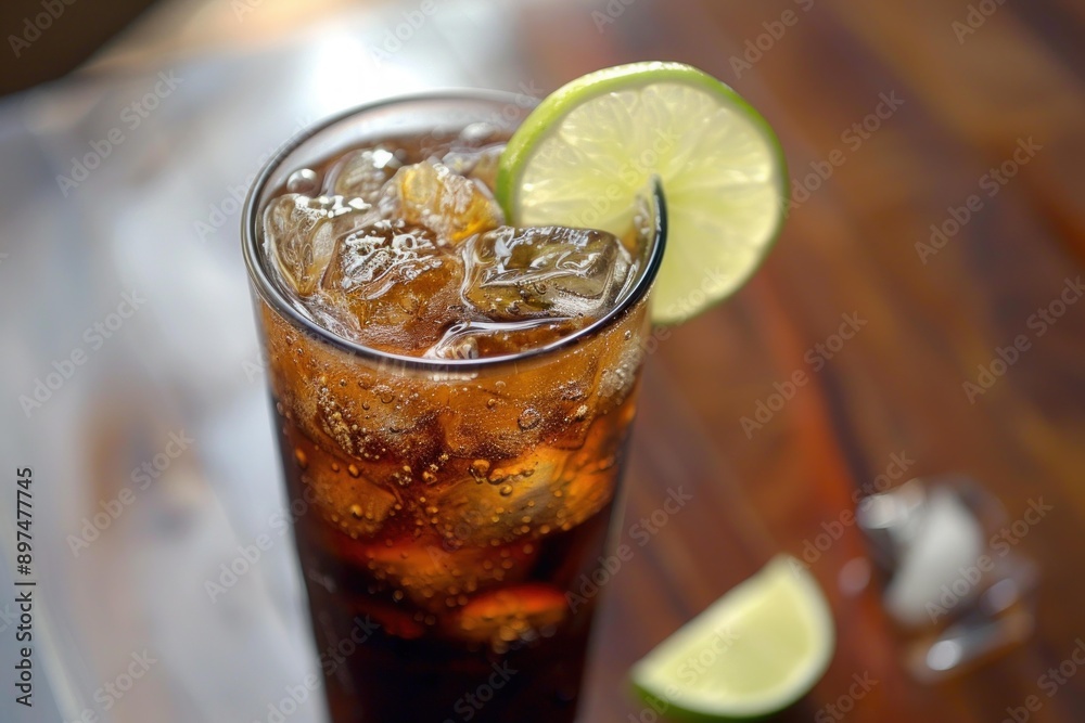 Tall glass of cola with ice and lime is sitting on a table Tall glass of cola with ice and lime is sitting on a table