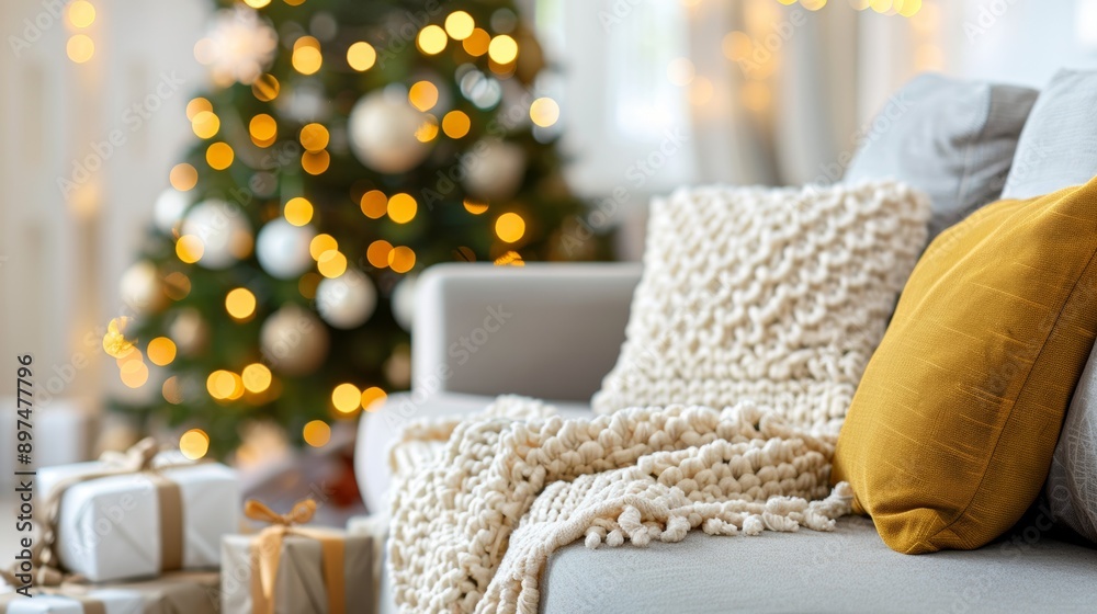 A cozy living room with a Christmas tree and a white blanket draped over a couch A cozy living room with a Christmas tree and a white blanket draped over a couch