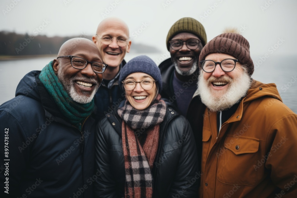 Group portrait of diverse senior friends on coastal walk Group portrait of diverse senior friends on coastal walk