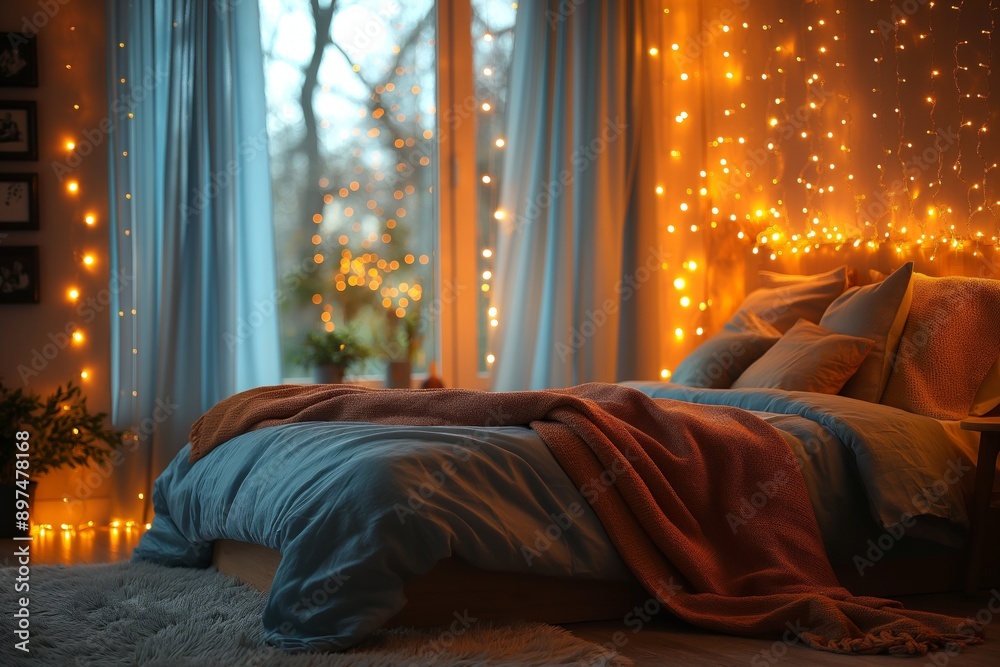 A cozy bedroom with string lights, soft blankets, and a warm, inviting atmosphere for relaxation. A cozy bedroom with string lights, soft blankets, and a warm, inviting atmosphere for relaxation.