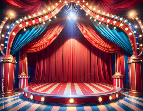  Circus Stage Podium- A colorful circus-themed podium with a 3D carnival background. Fea_1(119)