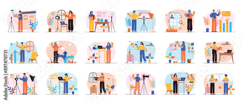 Bundle of simple concepts with people scene in flat cartoon design. A big collection of scenes with men and women in various situations. Vector illustration.