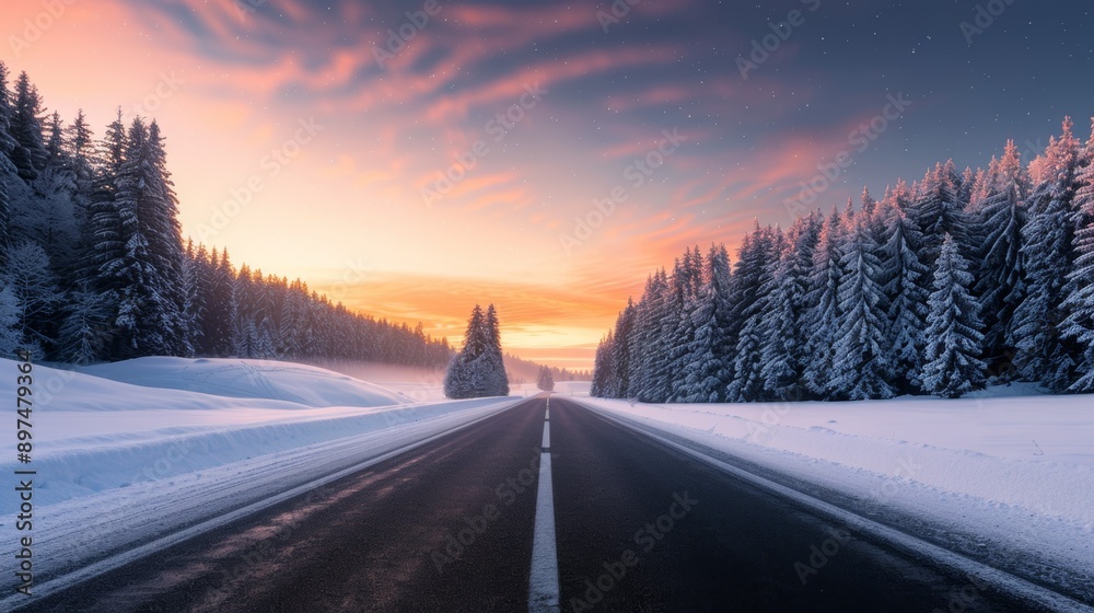 A road with a truck on it and trees in the background A road with a truck on it and trees in the background