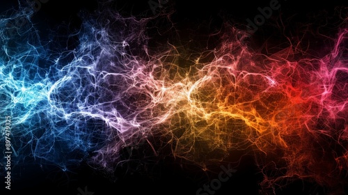 Dynamic movement and vibrant colors in an abstract representation of plasma energy field against a dark background