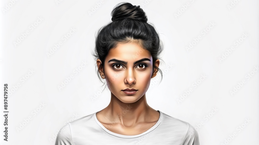 Fototapeta premium Serious and confident Indian female model with dark hair styled in a bun and calm expression poses in a casual t-shirt against a pure white background.