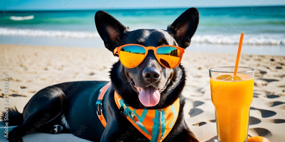 Dog wearing sunglasses, relaxing on the beach with a glass of orange juice, evoking a fun and carefree vacation atmosphere. Dog wearing sunglasses, relaxing on the beach with a glass of orange juice, evoking a fun and carefree vacation atmosphere.