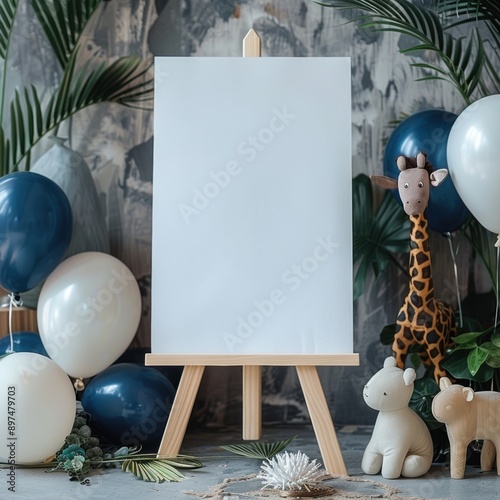Jungle Fiesta Canvas: Blank canvas on a wooden easel amidst a jungle-themed party decor with balloons and plush giraffes. Perfect for baby shower, birthday, or kids' event announcements. 