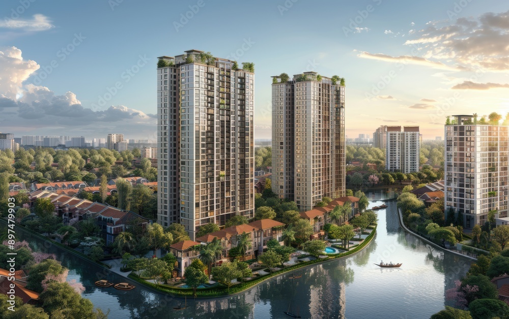 Obraz premium Modern Waterfront Living: A serene and luxurious residential complex nestled along a picturesque waterfront, with stunning views of the cityscape and lush greenery. This architectural masterpiece offe