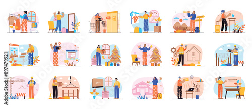 Bundle of simple concepts with people scene in flat cartoon design. The big set of illustrations are done in bright colors and cover a variety of topics. Vector illustration.