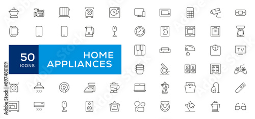 Home appliances and Household items simple line icon set. Editable stroke. icons for website. home symbols, furniture, kitchenware, Home appliances and electronics icons