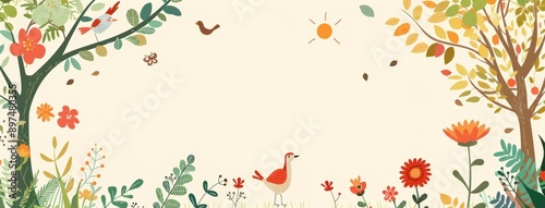 Wallpaper Mural Whimsical Woodland Frame: A charming, hand-drawn illustration of a vibrant forest clearing, perfect for nature-themed designs.  Torontodigital.ca