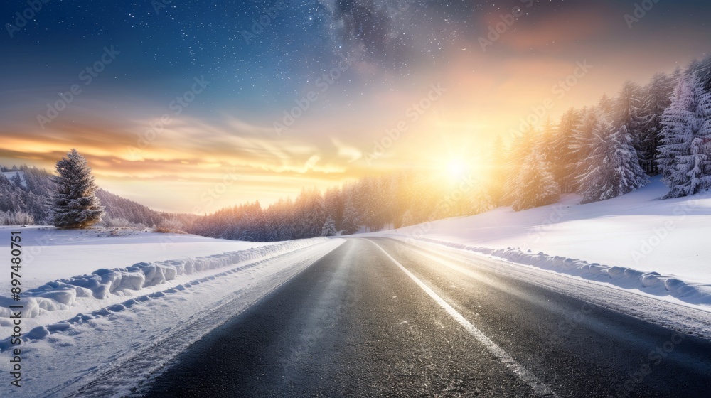 A snowy road with a sun setting in the background A snowy road with a sun setting in the background