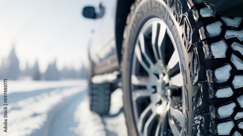 A tire with snow on it is shown in front of a snowy forest