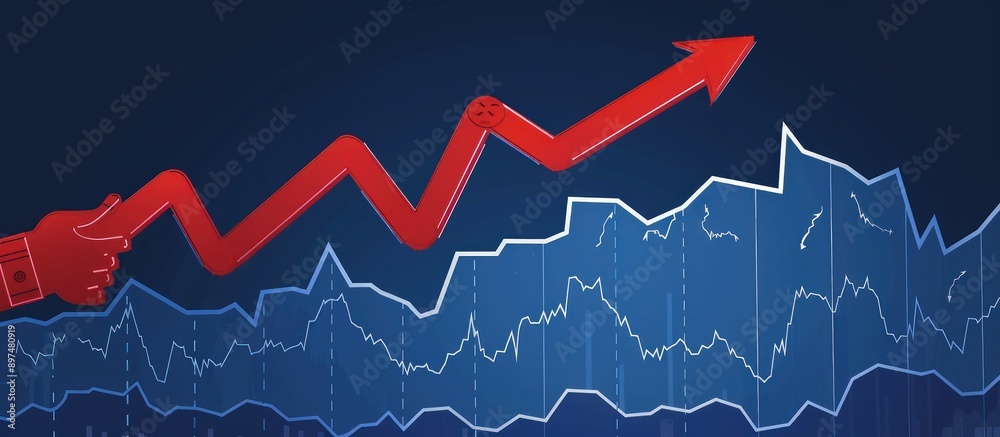Detailed financial chart with a hand holding a red arrow up on a blue background, symbolizing market growth, vector illustration for business banners.