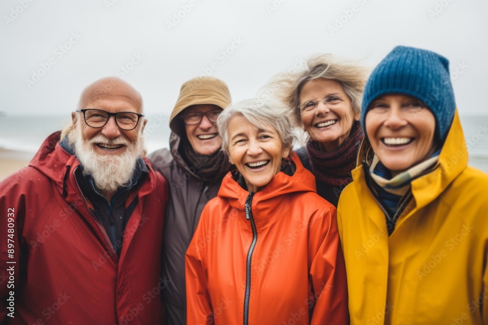 Group portrait of diverse senior friends on coastal walk Group portrait of diverse senior friends on coastal walk