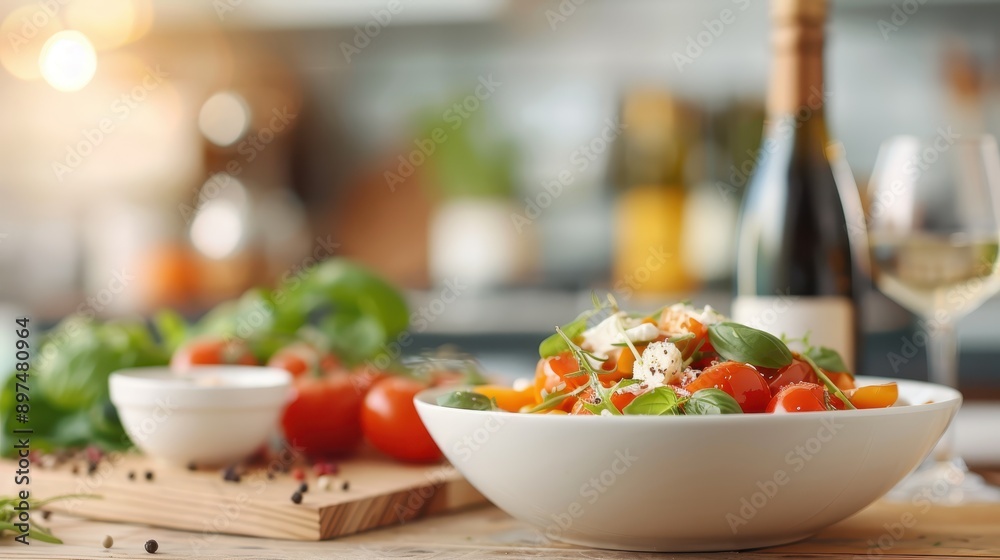 A vibrant bowl of fresh salad featuring tomatoes, cheese, and basil leaves, beautifully prepared and garnished, ready to be served on the kitchen counter with a bottle of wine. A vibrant bowl of fresh salad featuring tomatoes, cheese, and basil leaves, beautifully prepared and garnished, ready to be served on the kitchen counter with a bottle of wine.