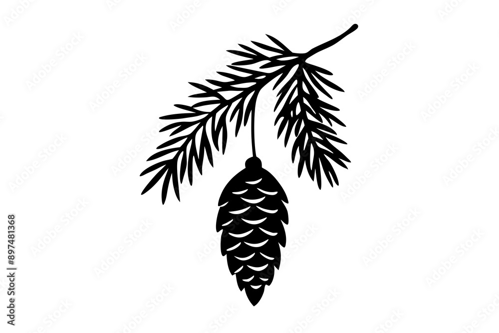 A fir branch with a cone hanging vector silhouette A fir branch with a cone hanging vector silhouette