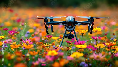 Close-up shot of a high-tech drone pollinating flowers in a rural field, vibrant colors, macro photography, photorealistic detail, the contrast between nature and technology