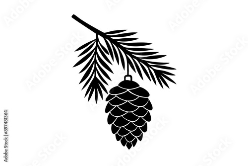 A fir branch with a cone hanging vector silhouette 
