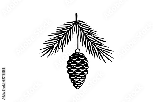 A fir branch with a cone hanging vector silhouette 