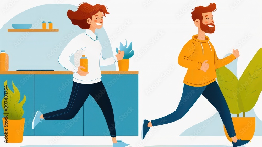 A man and woman run indoors, holding healthy drinks, representing an urban fitness lifestyle that incorporates both physical exercise and health-conscious choices. A man and woman run indoors, holding healthy drinks, representing an urban fitness lifestyle that incorporates both physical exercise and health-conscious choices.
