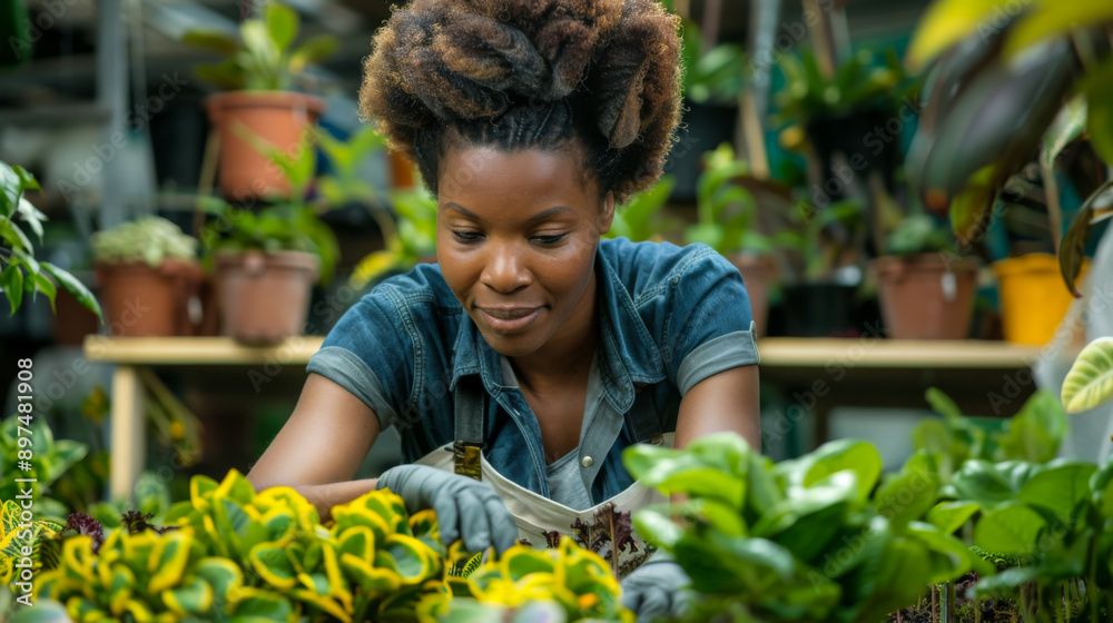 A smiling dark-skinned woman at work in a greenhouse, caring for plants and flowers. A beautiful woman in an apron takes care of plants in the garden. Gardening concept.