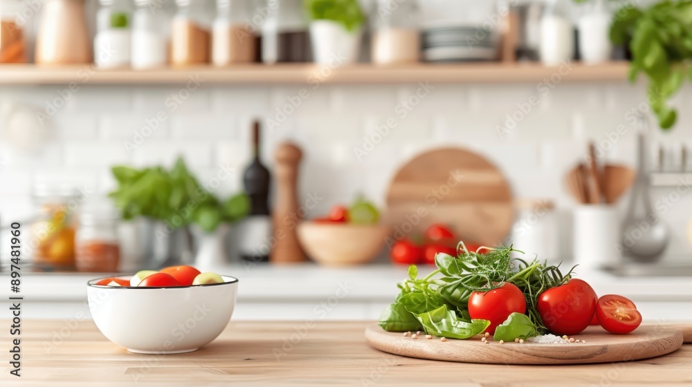 An appetizing display of fresh vegetables including tomatoes and herbs on a wooden kitchen counter, highlighting the beauty of fresh, healthy ingredients in cooking. An appetizing display of fresh vegetables including tomatoes and herbs on a wooden kitchen counter, highlighting the beauty of fresh, healthy ingredients in cooking.