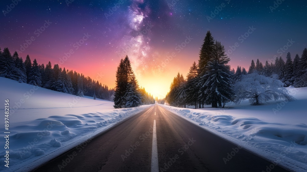 A road with trees in the background and sky with a purple and orange sunset A road with trees in the background and sky with a purple and orange sunset