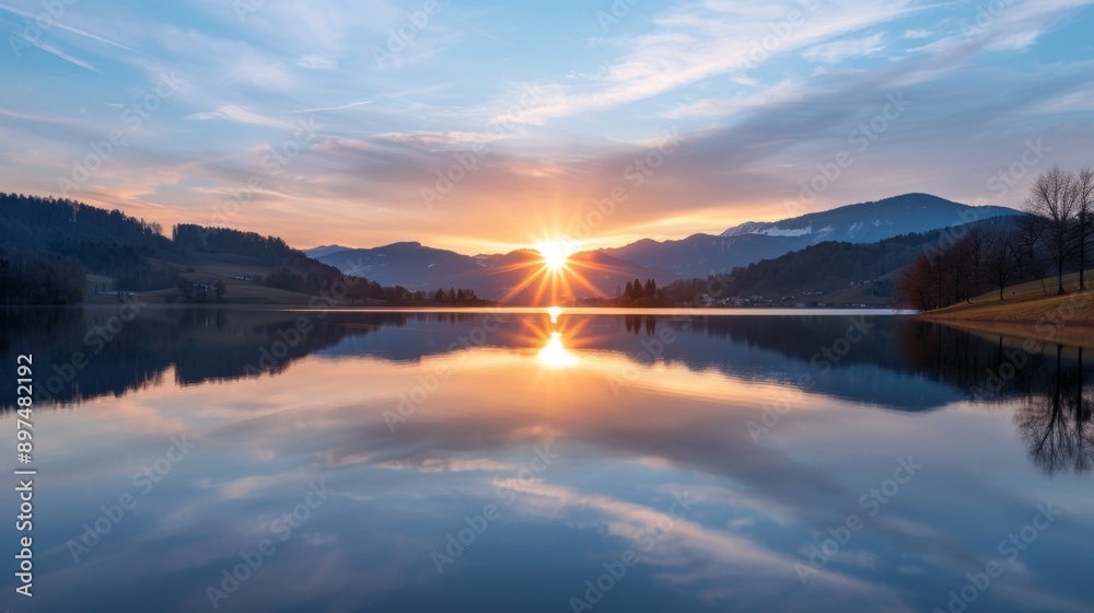 A beautiful lake with a sun reflecting on the water A beautiful lake with a sun reflecting on the water