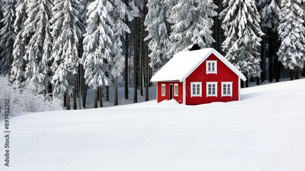A red house sits in a snowy field A red house sits in a snowy field