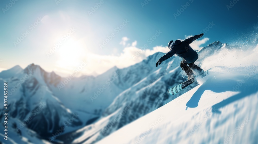 A snowboarder is riding down a mountain slope A snowboarder is riding down a mountain slope