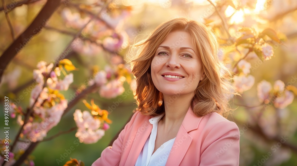 Cherry Blossom Woman - A woman smiling amid cherry blossoms, perfect for projects on spring, nature, and beauty.