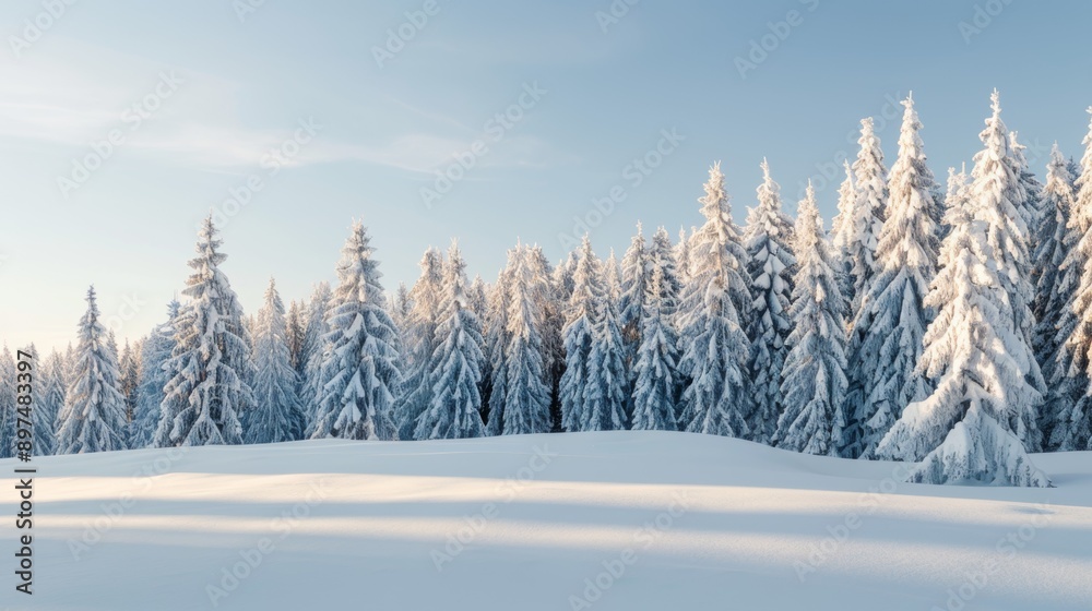 A snowy field with a large group of pine trees A snowy field with a large group of pine trees
