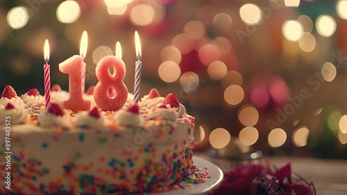 Birthday cake with strawberries, sprinkles, and lit candles, celebrating a 18th birthday.