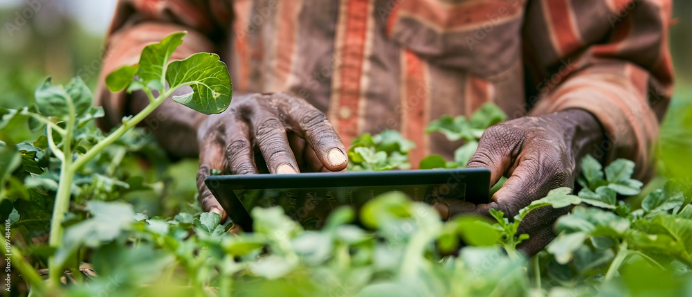 Hands of a farmer using a tablet for agricultural education Hands of a farmer using a tablet for agricultural education