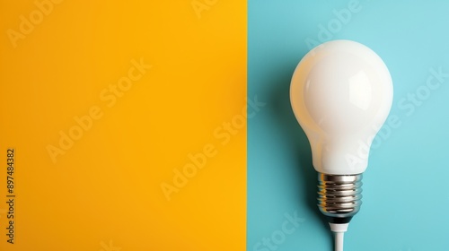 A modern white light bulb is positioned against a striking two-colored background, split into yellow and blue, symbolizing creativity and innovation in everyday objects. photo
