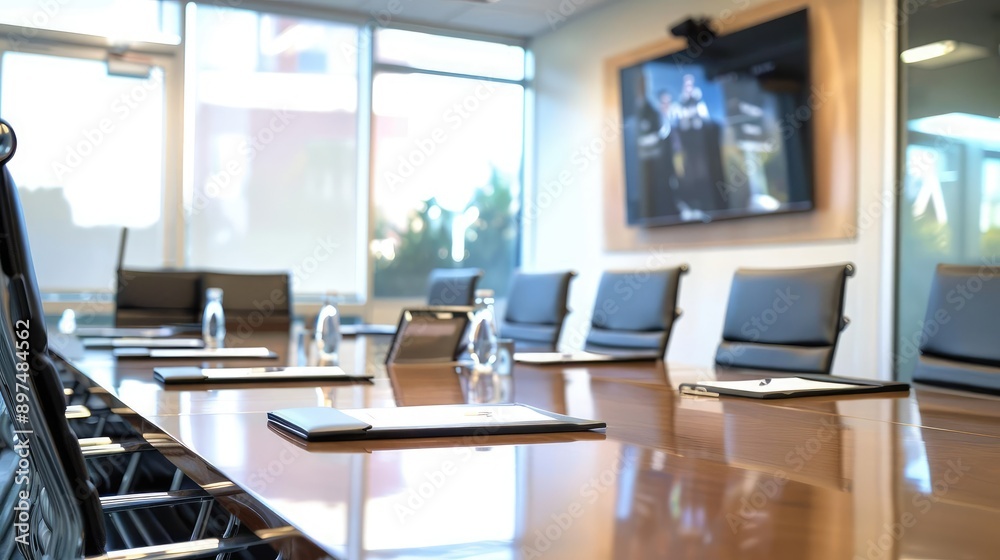 Naklejka premium Empty conference room with a large screen and a table for meetings.