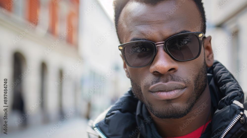 A man wearing sunglasses and a black jacket is standing in front of a building A man wearing sunglasses and a black jacket is standing in front of a building
