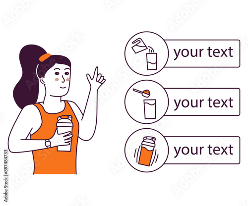 Sports nutrition.Bodybuilding sports nutrition. Energy drinks.Instruction for making protein whey shake.A hand shaking.Sport shaker. How to make protein.Active fit young woman. Girl is an athlete.