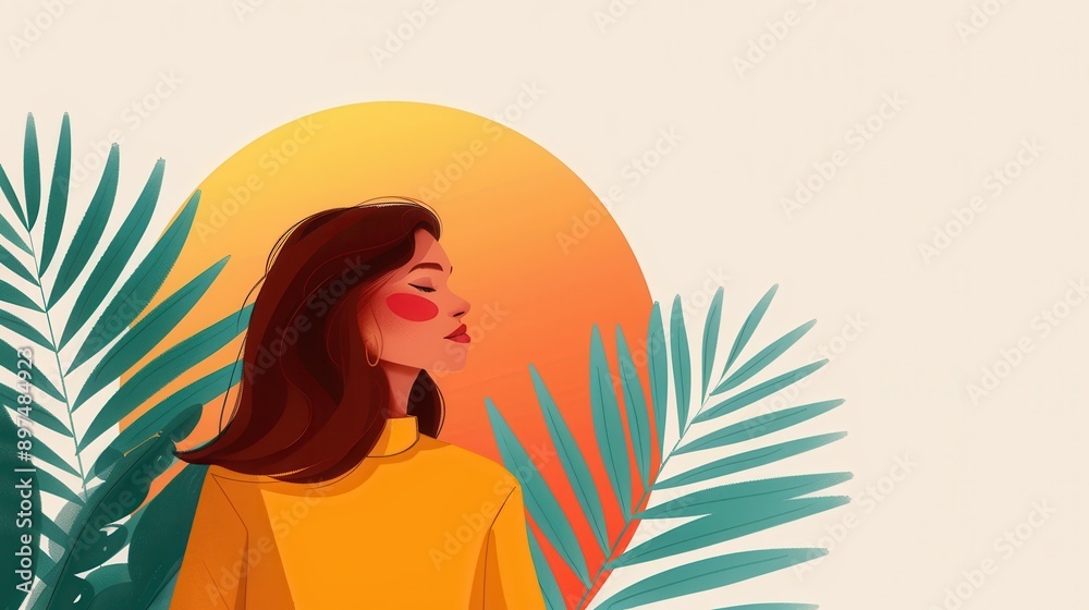 Artistic image of an abstract woman standing with a vibrant sunset and palm leaves in the background, symbolizing beauty and tranquility with a modern touch. Artistic image of an abstract woman standing with a vibrant sunset and palm leaves in the background, symbolizing beauty and tranquility with a modern touch.