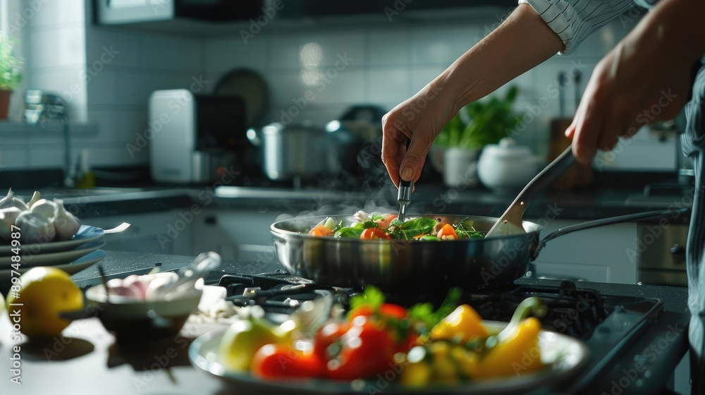 Closeup of a woman cooking vegetables in a pan on the stove. Closeup of a woman cooking vegetables in a pan on the stove.