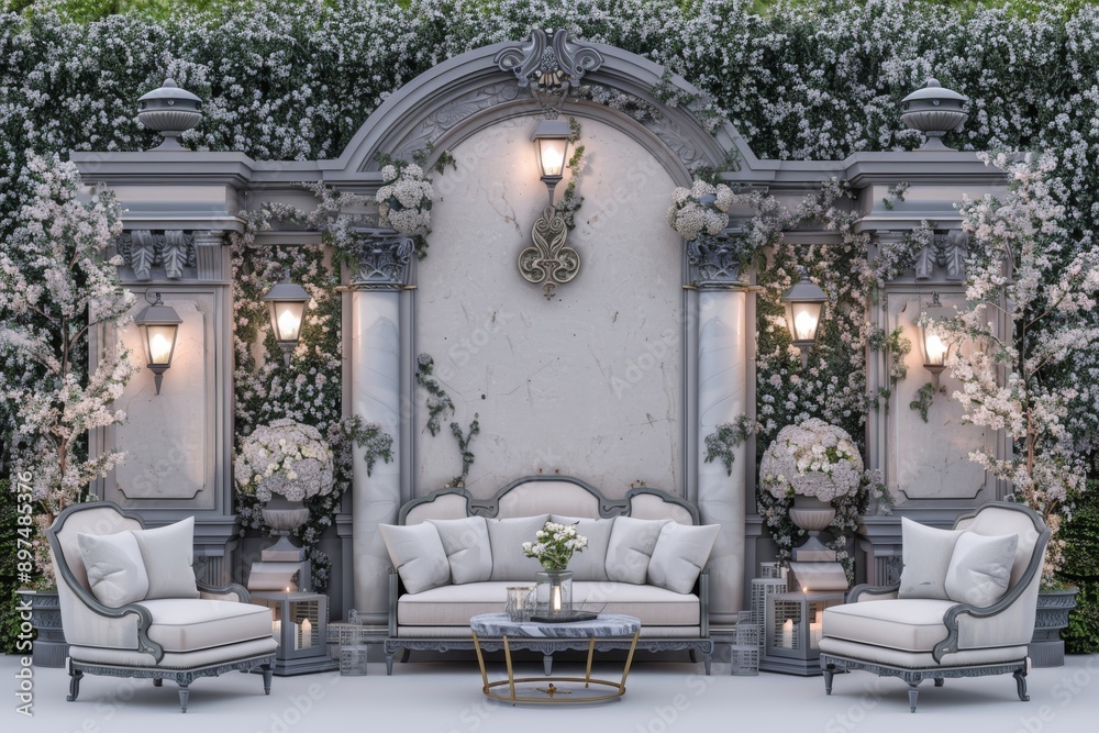 Elegant garden seating area with floral decor, natural light, and greenery, creating a charming and inviting space Elegant garden seating area with floral decor, natural light, and greenery, creating a charming and inviting space