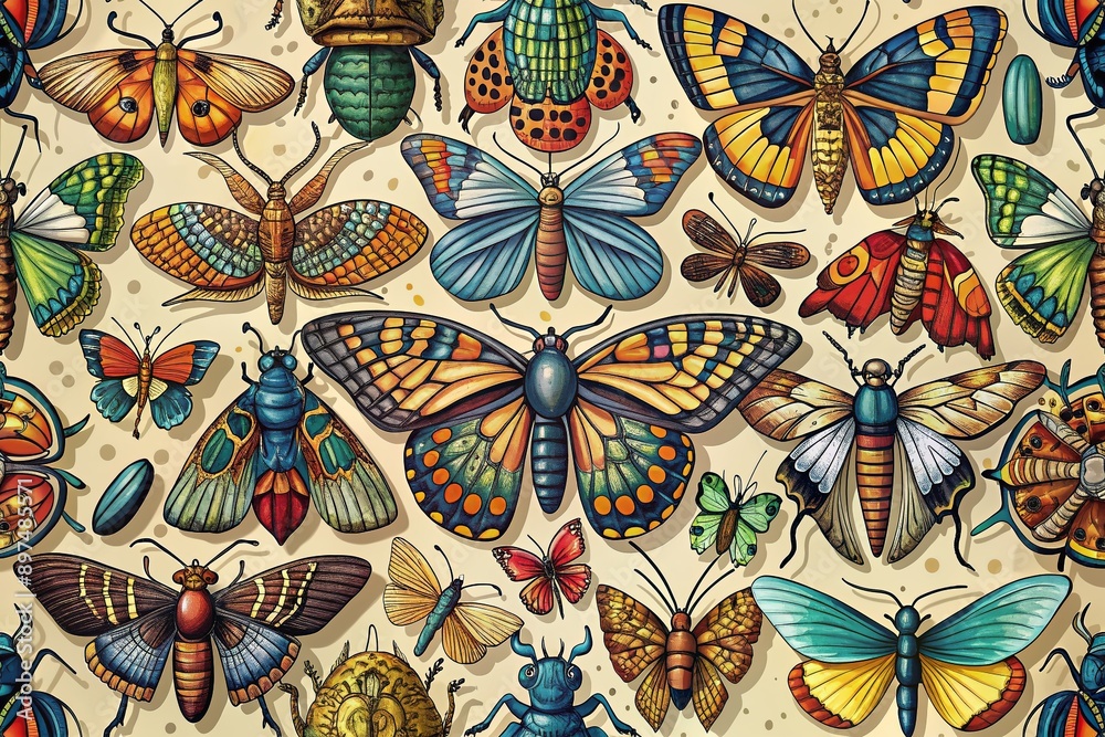 Fototapeta premium Whimsical hand-drawn illustrations of butterflies, moths, beetles, and other insects showcase intricate details and vibrant colors in a beautiful, stylized natural history collection.