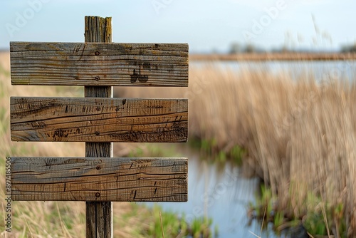 Wooden sign with three empty slots near water and grass field