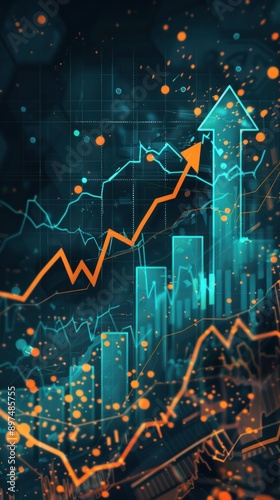 Digital mint arrow up with stock market graph and growth chart on dark background, fuchsia accents, vector illustration, flat design, detailed, , professional lighting, cinematic shot.