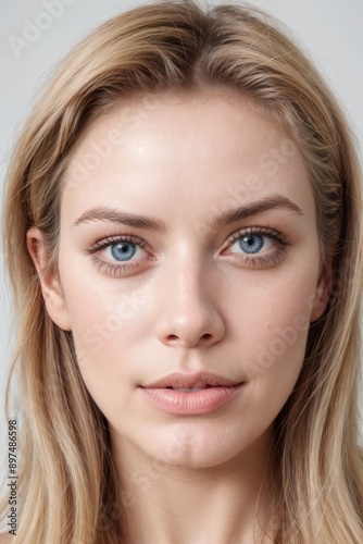 a close-up portrait of a young woman's face. She has blonde hair that is styled in loose waves and falls over her shoulders. Her eyes are a bright blue color.