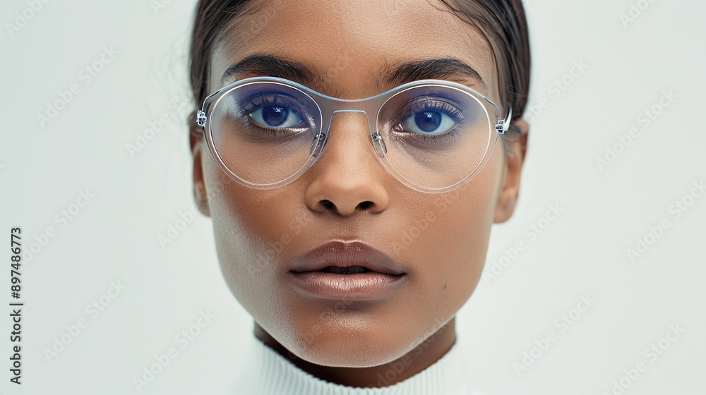 Portrait of a 30s black woman posing with transparent glasses on white background. Portrait of a 30s black woman posing with transparent glasses on white background.