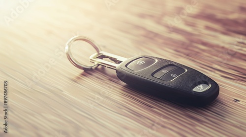 Black car key fob with a metal key ring on a wooden table under warm window backlight, showcasing modern design and functionality.