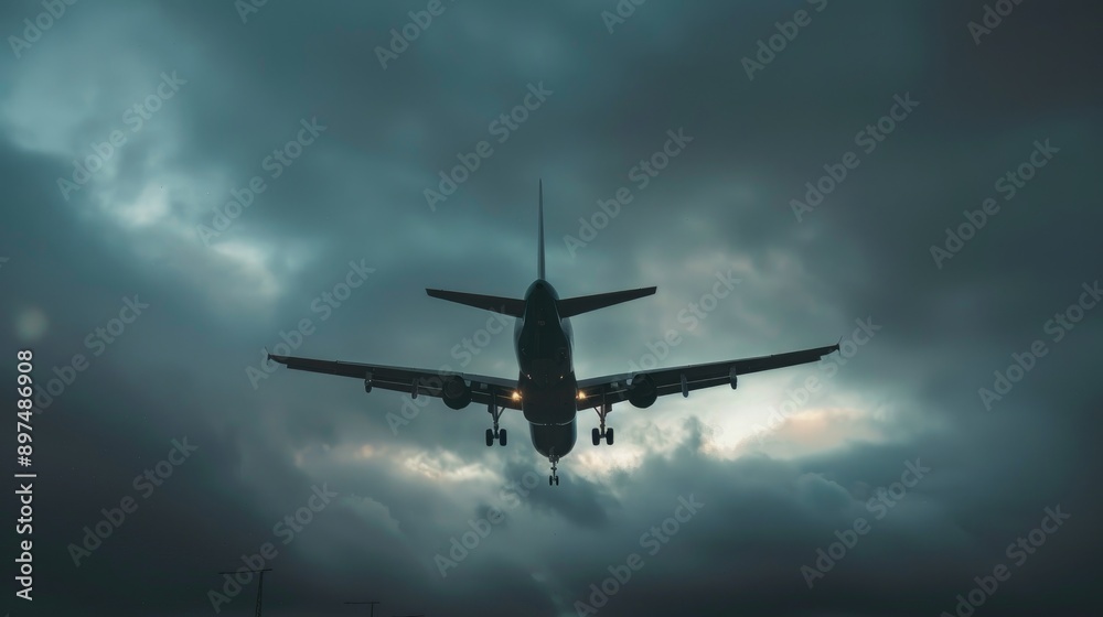 Silhouetted commercial plane landing in cloudy sky on cold morning Silhouetted commercial plane landing in cloudy sky on cold morning