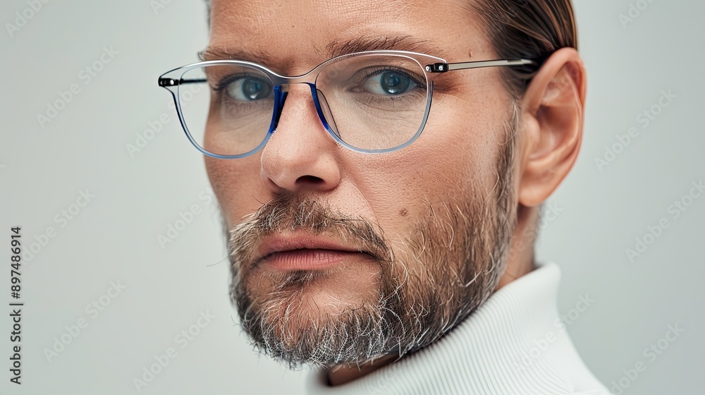 Portrait of a 40s Caucasian man posing with transparent glasses on white background. Portrait of a 40s Caucasian man posing with transparent glasses on white background.